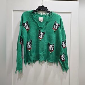 "No Comment" Brand, Green Sweater with Dog Pattern And Bells And  Jagged Edges